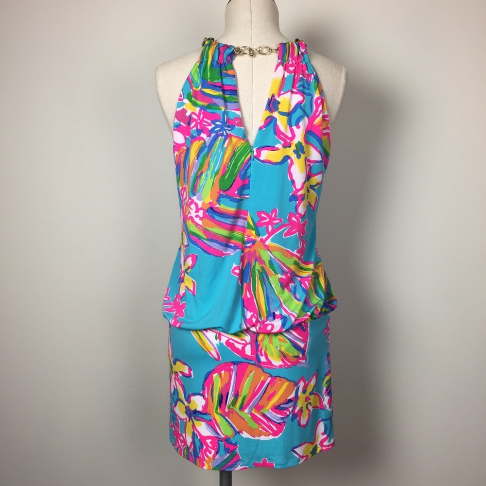Lilly Pulitzer Turquoise Floral Halter Mini Dress with Gold Chain - Picture 5 of 7